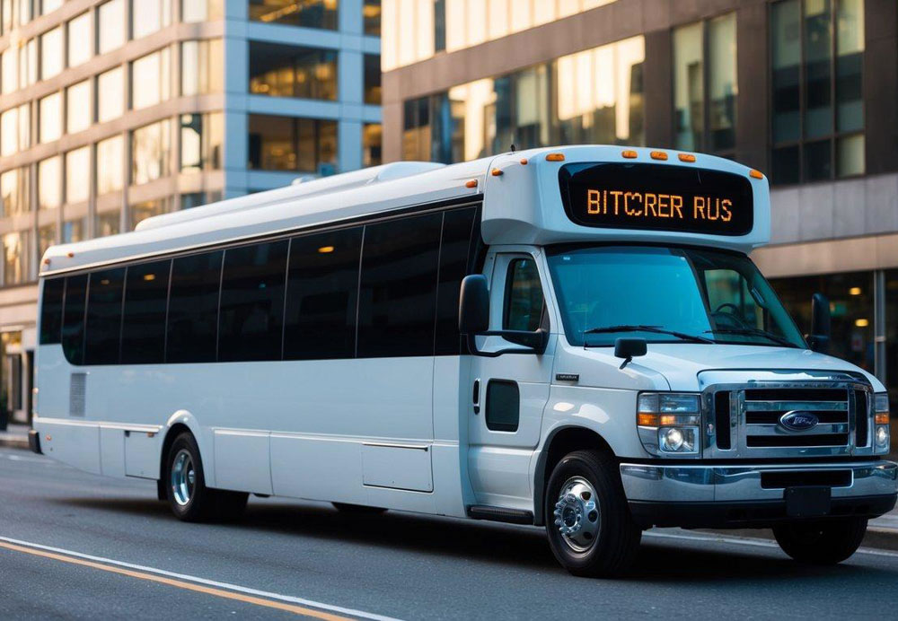 A modern charter bus parked in a city street, with a digital Bitcoin payment sign displayed on its side