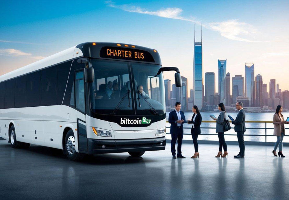 A charter bus parked in front of a futuristic city skyline, with passengers boarding and using digital devices to make Bitcoin payments