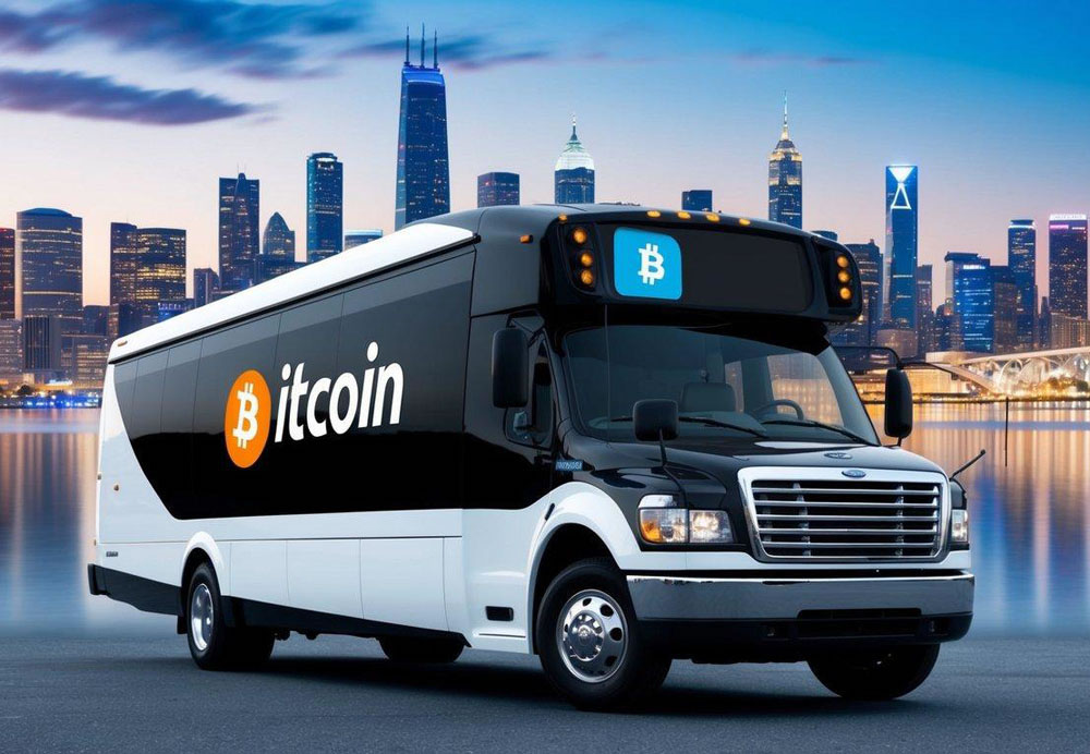 A charter bus parked in front of a futuristic city skyline, with a Bitcoin logo displayed prominently on its digital payment screen